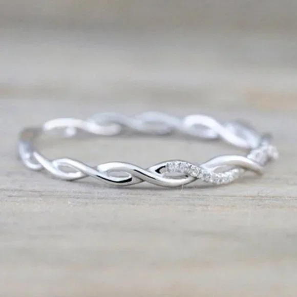 STERLING SILVER DIAMOND TWISTED ETERNITY RING, CUTE RING, SHINY RING. - Picture 3 of 3